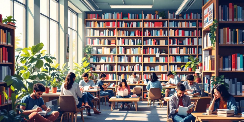 Gambar perpustakaan dengan orang-orang membaca dan belajar.